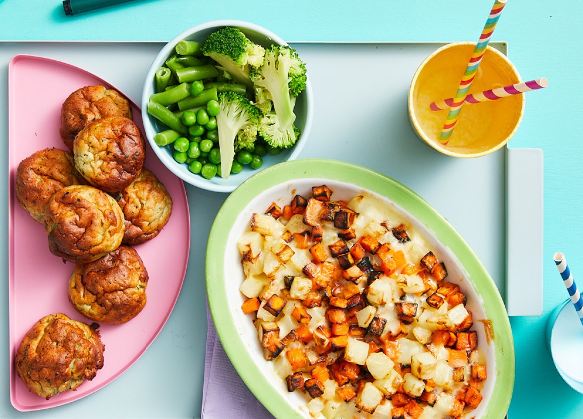 FISH CAKES, CREAMY POTATO & SWEET POTATO BAKE