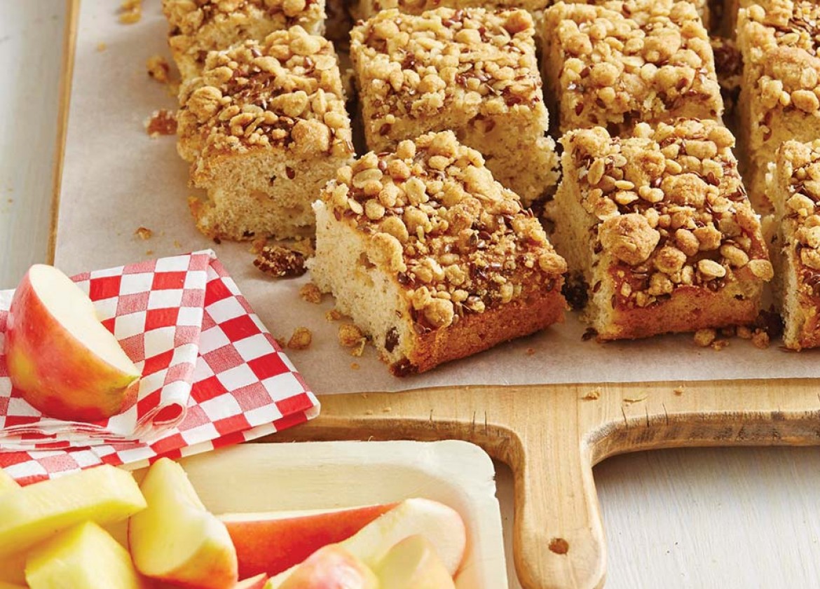 APPLE, APRICOT & RICOTTA SLICE, WITH FLAXSEED CRUMBLE